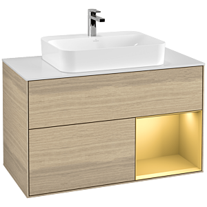 Villeroy und Boch Finion Waschtischunterschrank G371HFPC 100cm, Abdeckplatte white matt, Emotion, Regal rechts Gold matt, Oak Veneer