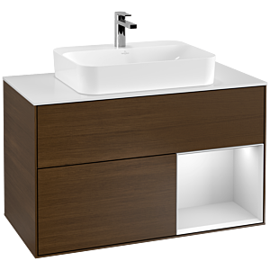 Villeroy und Boch Finion Waschtischunterschrank G371MTGN 100cm, Abdeckplatte white matt, Emotion, Regal rechts White matt lacquer, Walnut veneer