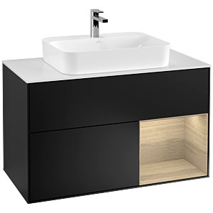 Villeroy und Boch Finion Waschtischunterschrank G371PCPD 100cm, Abdeckplatte white matt, Emotion, Regal rechts Oak Veneer, Black matt lacquer