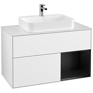 Villeroy und Boch Finion Waschtischunterschrank G371PDGF 100cm, Abdeckplatte white matt, Emotion, Regal rechts Black matt lacquer, Glossy white lacquer