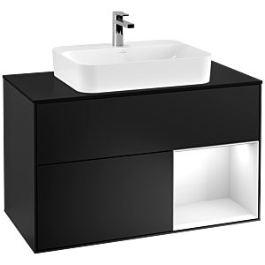 Villeroy et Boch Finion Villeroy et Boch G372GFPD 100cm, plaque de finition noir mat, Emotion, étagère à droite laqué blanc brillant, laqué noir mat