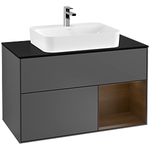 Villeroy und Boch Finion Waschtischunterschrank G372GNGK 100cm, Abdeckplatte black matt, Emotion, Regal rechts Walnut veneer, Anthracite matt