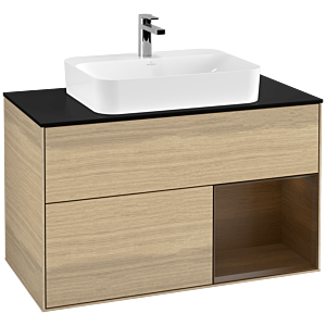 Villeroy und Boch Finion Waschtischunterschrank G372GNPC 100cm, Abdeckplatte black matt, Emotion, Regal rechts Walnut veneer, Oak Veneer