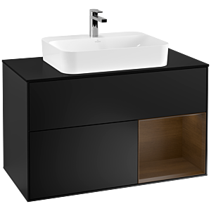 Villeroy und Boch Finion Waschtischunterschrank G372GNPD 100cm, Abdeckplatte black matt, Emotion, Regal rechts Walnut veneer, Black matt lacquer