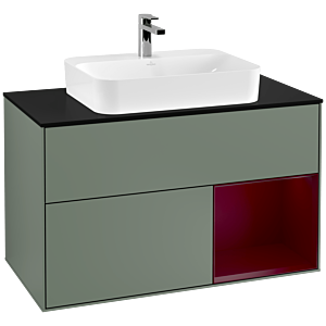 Villeroy und Boch Finion Waschtischunterschrank G372HBGM 100cm, Abdeckplatte black matt, Emotion, Regal rechts Peony, Olive Matt Lacquer