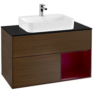 Villeroy und Boch Finion Waschtischunterschrank G372HBGN 100cm, Abdeckplatte black matt, Emotion, Regal rechts Peony, Walnut veneer