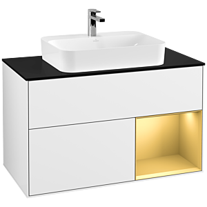 Villeroy and Boch Finion Villeroy and Boch Finion G372HFGF 100cm, cover plate black matt, Emotion, shelf right gold matt, Glossy white lacquer