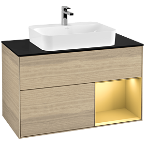 Villeroy und Boch Finion Waschtischunterschrank G372HFPC 100cm, Abdeckplatte black matt, Emotion, Regal rechts Gold matt, Oak Veneer