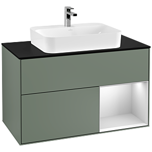 Villeroy und Boch Finion Waschtischunterschrank G372MTGM 100cm, Abdeckplatte black matt, Emotion, Regal rechts White matt lacquer, Olive Matt Lacquer