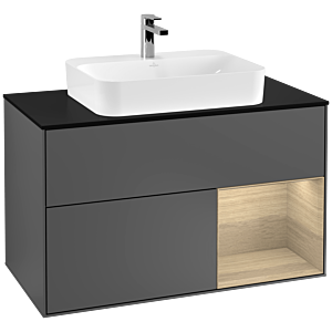 Villeroy und Boch Finion Waschtischunterschrank G372PCGK 100cm, Abdeckplatte black matt, Emotion, Regal rechts Oak Veneer, Anthracite matt