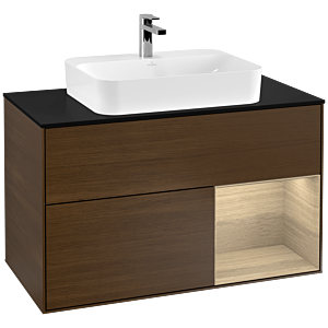 Villeroy und Boch Finion Waschtischunterschrank G372PCGN 100cm, Abdeckplatte black matt, Emotion, Regal rechts Oak Veneer, Walnut veneer