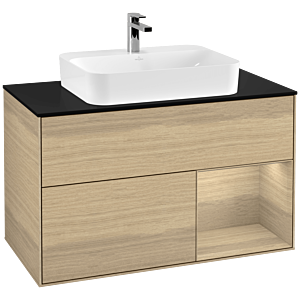 Villeroy und Boch Finion Waschtischunterschrank G372PCPC 100cm, Abdeckplatte black matt, Emotion, Regal rechts Oak Veneer, Oak Veneer