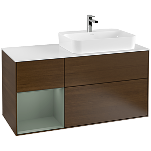 Villeroy und Boch Finion Waschtischunterschrank G391GMGN 120cm, Abdeckplatte white matt, Emotion, Regal links Olive Matt Lacquer, Walnut veneer