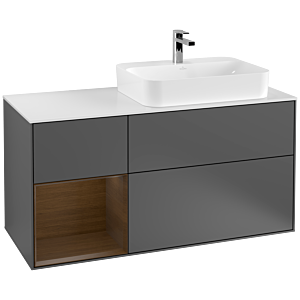 Villeroy und Boch Finion Waschtischunterschrank G391GNGK 120cm, Abdeckplatte white matt, Emotion, Regal links Walnut veneer, Anthracite matt