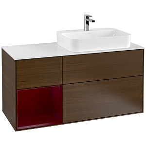 Villeroy und Boch Finion Waschtischunterschrank G391HBGN 120cm, Abdeckplatte white matt, Emotion, Regal links Peony, Walnut veneer