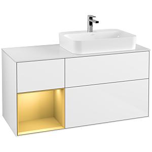 Villeroy und Boch Finion Waschtischunterschrank G391HFGF 120cm, Abdeckplatte white matt, Emotion, Regal links Gold matt, Glossy white lacquer