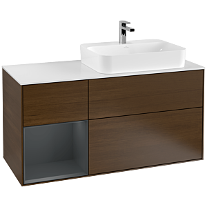 Villeroy und Boch Finion Waschtischunterschrank G391HGGN 120cm, Abdeckplatte white matt, Emotion, Regal links Midnight Blue Matt Lacquer, Walnut veneer