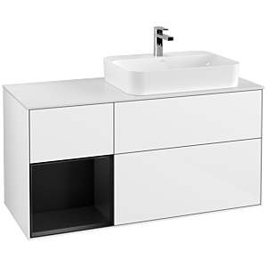 Villeroy et Boch Finion Villeroy et Boch G391PDGF 120cm, plaque de recouvrement blanc mat, Emotion, étagère gauche laqué noir mat, laqué blanc brillant