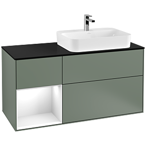 Villeroy et Boch Finion Villeroy et Boch G392GFGM 120cm, plaque de finition noir mat, Emotion, étagère gauche laqué blanc brillant, Olive Matt Lacquer
