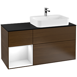 Villeroy et Boch Finion Villeroy et Boch G392GFGN 120cm, plaque de finition noir mat, Emotion, étagère à gauche Laque blanc brillant, placage noyer