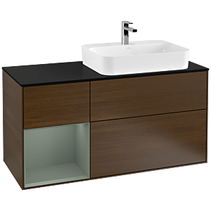 Villeroy und Boch Finion Waschtischunterschrank G392GMGN 120cm, Abdeckplatte black matt, Emotion, Regal links Olive Matt Lacquer, Walnut veneer