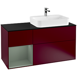 Villeroy und Boch Finion Waschtischunterschrank G392GMHB 120cm, Abdeckplatte black matt, Emotion, Regal links Olive Matt Lacquer, Peony Matt