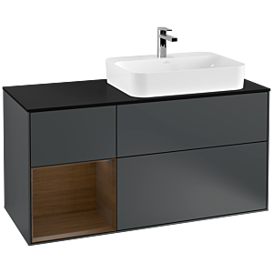 Villeroy und Boch Finion Waschtischunterschrank G392GNHG 120cm, Abdeckplatte black matt, Emotion, Regal links Walnut veneer, Midnight Blue Matt Lacquer