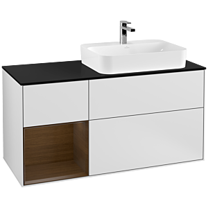 Villeroy und Boch Finion Waschtischunterschrank G392GNMT 120cm, Abdeckplatte black matt, Emotion, Regal links Walnut veneer, White matt lacquer
