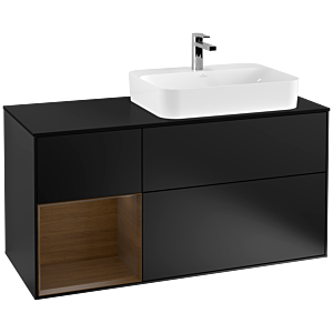 Villeroy und Boch Finion Waschtischunterschrank G392GNPD 120cm, Abdeckplatte black matt, Emotion, Regal links Walnut veneer, Black matt lacquer