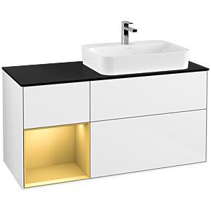 Villeroy et Boch Finion Villeroy et Boch G392HFGF 120cm, plaque de finition noir mat, Emotion, étagère gauche or mat, laqué blanc brillant