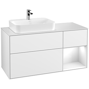 Villeroy und Boch Finion Waschtischunterschrank G401GFGF 120cm, Abdeckplatte white matt, Emotion, Regal rechts Glossy white lacquer, Glossy white lacquer