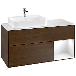 Villeroy und Boch Finion Waschtischunterschrank G401GFGN 120cm, Abdeckplatte white matt, Emotion, Regal rechts Glossy white lacquer, Walnut veneer