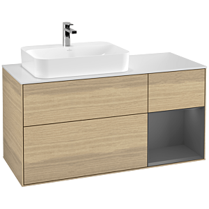 Villeroy und Boch Finion Waschtischunterschrank G401GKPC 120cm, Abdeckplatte white matt, Emotion, Regal rechts Anthracite matt, Oak Veneer