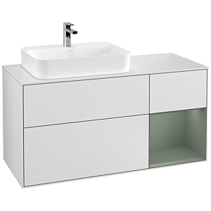 Villeroy und Boch Finion Waschtischunterschrank G401GMMT 120cm, Abdeckplatte white matt, Emotion, Regal rechts Olive Matt Lacquer, White matt lacquer