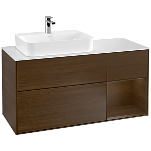 Villeroy et Boch Finion Villeroy et Boch G401GNGN 120cm, plaque de finition blanc mat, émotion, étagère à droite placage noyer, placage noyer