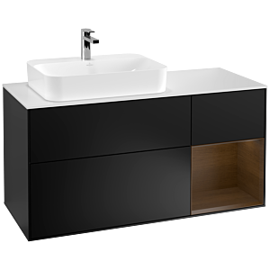 Villeroy et Boch Finion Villeroy et Boch G401GNPD 120cm, plaque de recouvrement blanc mat, émotion, étagère à droite placage noyer, laqué noir mat