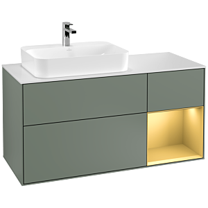 Villeroy und Boch Finion Waschtischunterschrank G401HFGM 120cm, Abdeckplatte white matt, Emotion, Regal rechts Gold matt, Olive Matt Lacquer