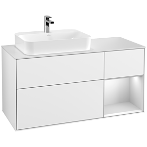 Villeroy und Boch Finion Waschtischunterschrank G401MTGF 120cm, Abdeckplatte white matt, Emotion, Regal rechts White matt lacquer, Glossy white lacquer