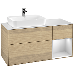 Villeroy et Boch Finion Villeroy et Boch G401MTPC 120cm, plaque de finition blanc mat, Emotion, étagère à droite laqué blanc mat, Oak Veneer