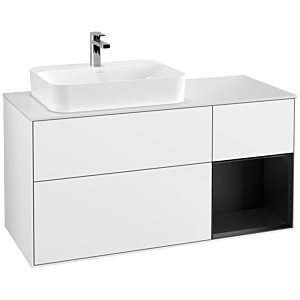 Villeroy und Boch Finion Waschtischunterschrank G401PDGF 120cm, Abdeckplatte white matt, Emotion, Regal rechts Black matt lacquer, Glossy white lacquer