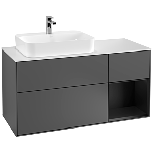 Villeroy und Boch Finion Waschtischunterschrank G401PDGK 120cm, Abdeckplatte white matt, Emotion, Regal rechts Black matt lacquer, Anthracite matt