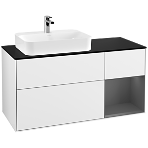 Villeroy und Boch Finion Waschtischunterschrank G402GKGF 120cm, Abdeckplatte black matt, Emotion, Regal rechts Anthracite matt, Glossy white lacquer