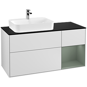 Villeroy und Boch Finion Waschtischunterschrank G402GMMT 120cm, Abdeckplatte black matt, Emotion, Regal rechts Olive Matt Lacquer, White matt lacquer