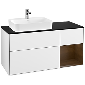 Villeroy und Boch Finion Waschtischunterschrank G402GNGF 120cm, Abdeckplatte black matt, Emotion, Regal rechts Walnut veneer, Glossy white lacquer