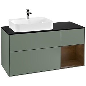 Villeroy und Boch Finion Waschtischunterschrank G402GNGM 120cm, Abdeckplatte black matt, Emotion, Regal rechts Walnut veneer, Olive Matt Lacquer