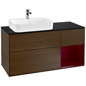 Villeroy und Boch Finion Waschtischunterschrank G402HBGN 120cm, Abdeckplatte black matt, Emotion, Regal rechts Peony, Walnut veneer