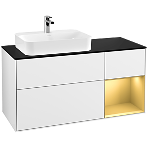 Villeroy und Boch Finion Waschtischunterschrank G402HFGF 120cm, Abdeckplatte black matt, Emotion, Regal rechts Gold matt, Glossy white lacquer