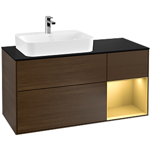 Villeroy und Boch Finion Waschtischunterschrank G402HFGN 120cm, Abdeckplatte black matt, Emotion, Regal rechts Gold matt, Walnut veneer