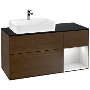 Villeroy und Boch Finion Waschtischunterschrank G402MTGN 120cm, Abdeckplatte black matt, Emotion, Regal rechts White matt lacquer, Walnut veneer