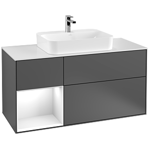 Villeroy et Boch Finion Villeroy et Boch G411GFGK 120cm, plaque de finition blanc mat, Emotion, étagère gauche laqué blanc brillant, anthracite mat